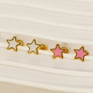 Star-shaped titanium steel studs in white and pink enamel with gold-tone finish