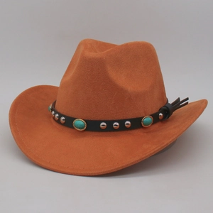 Chapeau De Cowboy Western Vintage Polyester Suède Imitation Bord Large Style Ethnique Avec Bande Cuir Turquoise