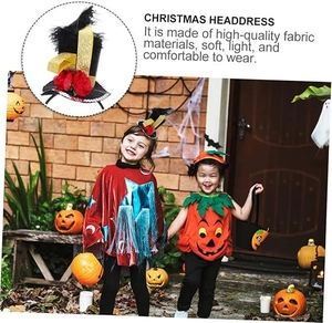 Detail of mini black top hat headband with dark feathers and red rose for Halloween