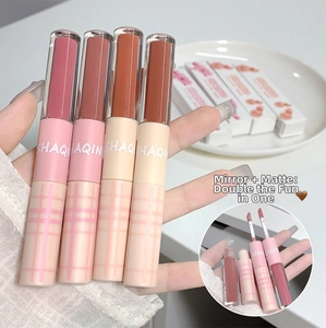 Detailed close-up of four double-ended lip glazes featuring matte and mirror finishes