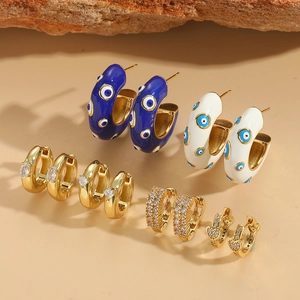 Copper Hoop Earrings Zircon Heart Evil Eye Enamel Gold Plated Retro Fashion Jewelry For Women