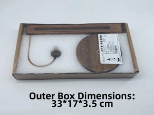 Vertical solid wood paper towel holder packaging showing base and rod components