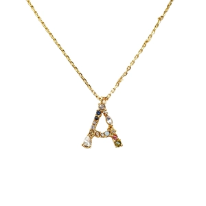18k gold letter A pendant necklace with colorful zircon stones on thin gold chain