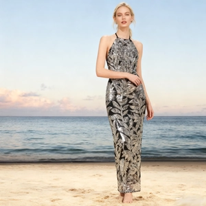Robe Maxi Licou À Paillettes Broderie Fleurs Argentées Taille Évidée Dos Nu À Lacets Maille Pour Femmes