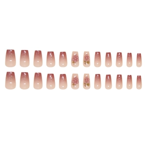 3D pink gradient press-on nails with silver glitter and 3D floral accents, 24-piece set