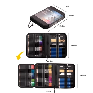 Detailed view of 95-piece art set dimensions showing closed and unfolded storage bag