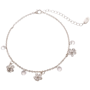 Bracelet de cheville fleurs en zircon argenté avec chaîne de rallonge réglable