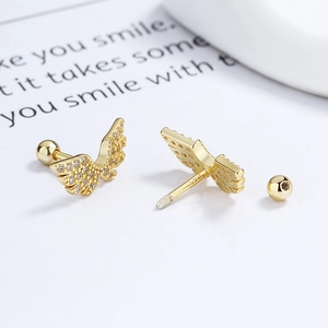 Elegant 925 sterling silver golden angel wing stud earrings with sparkling pavé crystals