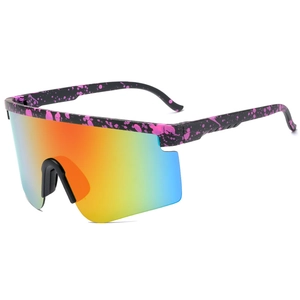 Detail view of square frame sports sunglasses with colorful lenses and ink splatter design