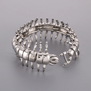 Gothic stainless steel centipede bracelet with articulated links and silver finish