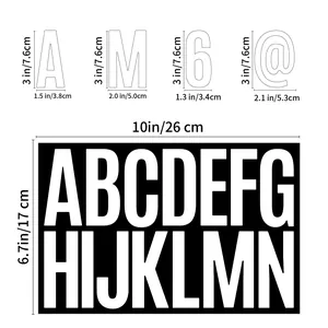 Detailed size chart for 3-inch alphabet stickers showing precise character dimensions