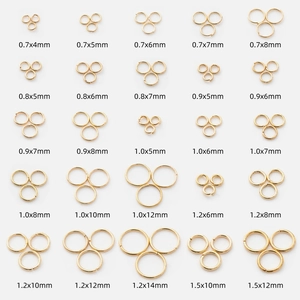 Golden stainless steel jump rings in various sizes for DIY jewelry making and crafts
