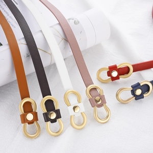 Set of minimalist women's leather belts in six colors with gold oval double-ring buckles