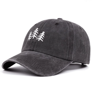 Washed cotton baseball cap in dark grey featuring embroidered white pine tree design