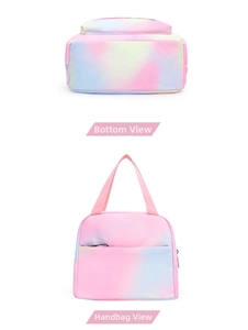 Detail view of the gradient colored handbag base and front zip pocket with handles