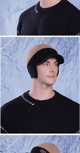 Close-up of winter knit baseball hat with warm ear flaps and two-tone拼接 design