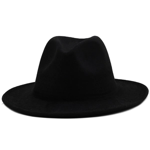 British style black wool fedora hat with a classic wide brim and striped minimalist design