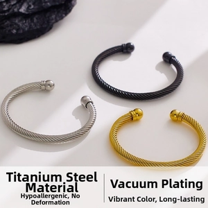 Three-piece titanium steel cable twist cuff set with vacuum plating in gold, black, and silver