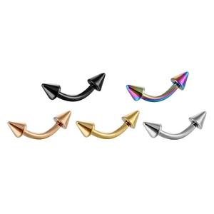 Gold plated stainless steel curved barbell jewelry in five colors with cone spike ends