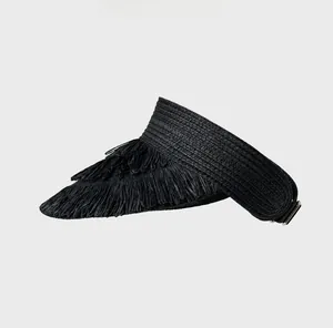 Detail of black straw visor hat with frayed brim and metallic side logo button