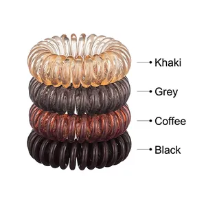 Set of four elastic spiral telephone wire hair ties in khaki grey brown and black