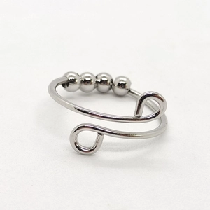 Detail of silver stainless steel anxiety ring featuring four movable rotating beads
