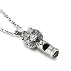 Men's silver tiger head whistle pendant necklace in durable stainless steel