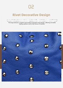 Close-up of vintage dark blue lychee grain leather texture with silver metal rivets detail