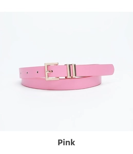 Detail view of rose red thin leather belt with a polished gold alloy pin buckle