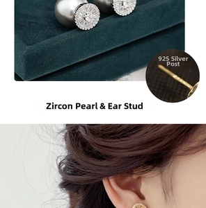 Detail of 925 silver needle pearl earrings with cubic zirconia in front-back design