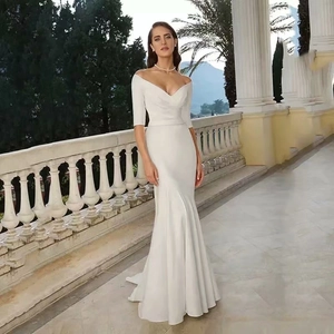 Robe De Mariée Sirène En Satin Ivoire Col En V Sexy Épaules Dénudées Demi-Manches Coupe Ajustée Robe De Soirée Formelle