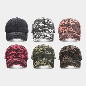 Vintage camouflage baseball caps in six colors with a washed denim and leopard pattern