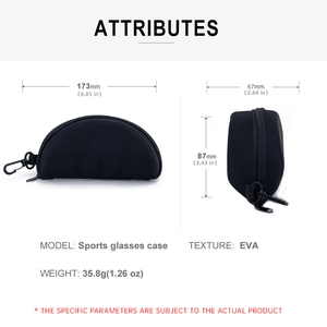 Detailed dimension guide for black EVA sports glasses case showing length and height