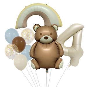 Matte teddy bear balloon set with number 4 and rainbow foil balloons for birthday decor