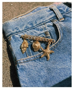 Detail of vintage gold sun brooch with sea shell and starfish charms on denim