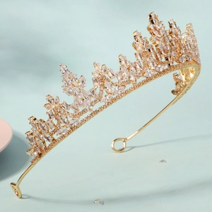 Luxurious gold alloy bridal crown with sparkling zircon crystals for weddings and parties