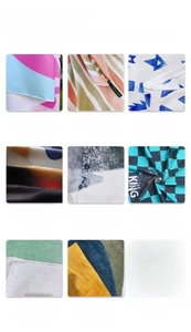 Detailed grid of double-sided fleece and microfiber towel fabric swatches with GSM weights