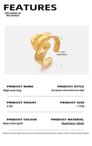 Detail view of gold stainless steel ring with melting texture and size specifications