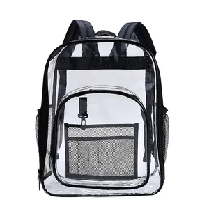 Heavy duty clear PVC backpack with large capacity and black mesh side pockets