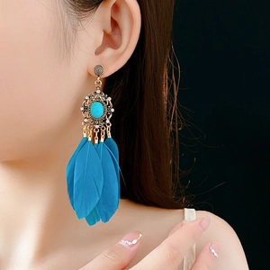 Detailaufnahme von Boho-Ohrringen mit blauen Federn und Türkisstein am Modell