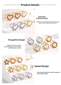 Detailed macro view of gold and silver steel earrings with inlaid zircons and floral motifs