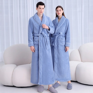 Peignoir épais en velours corail bleu-gris pour couples avec col châle classique