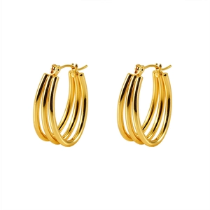 Polished gold multi-layer triple hoop earrings made of high quality stainless steel