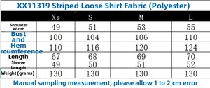 Tableau des tailles détaillé pour chemise rayée ample avec mesures de poitrine et épaule