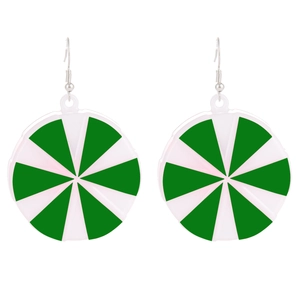 Detail of round green and white candy cane striped earrings with silver metal hooks