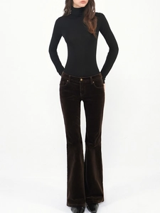 Slim fit tencel wool turtleneck top paired with brown corduroy flared pants for women