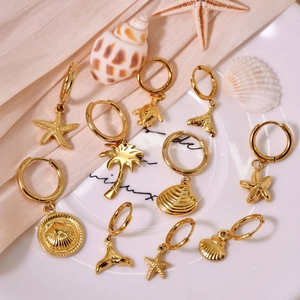 Ocean Theme Hoop Earrings With Charms 14K Gold Plated Stainless Steel Sea Shell Starfish Turtle Minimalist For Women