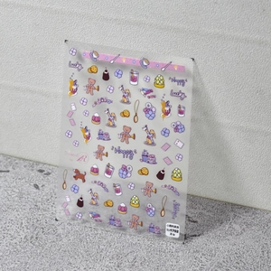 Stickers à ongles 5D fins et souples avec motifs de desserts d'ours violets et jaunes