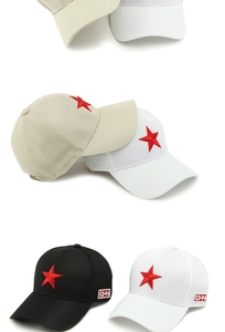 Mesh baseball caps with red star embroidery and CHN badge in black white and beige