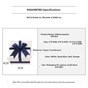 Detailed parameter diagram showing 9x9x4cm blue ribbon jewelry box with lid